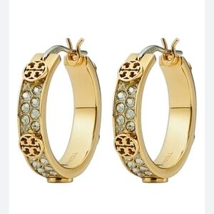 Tory Burch Gold Crystal Logo Hoop Earrings